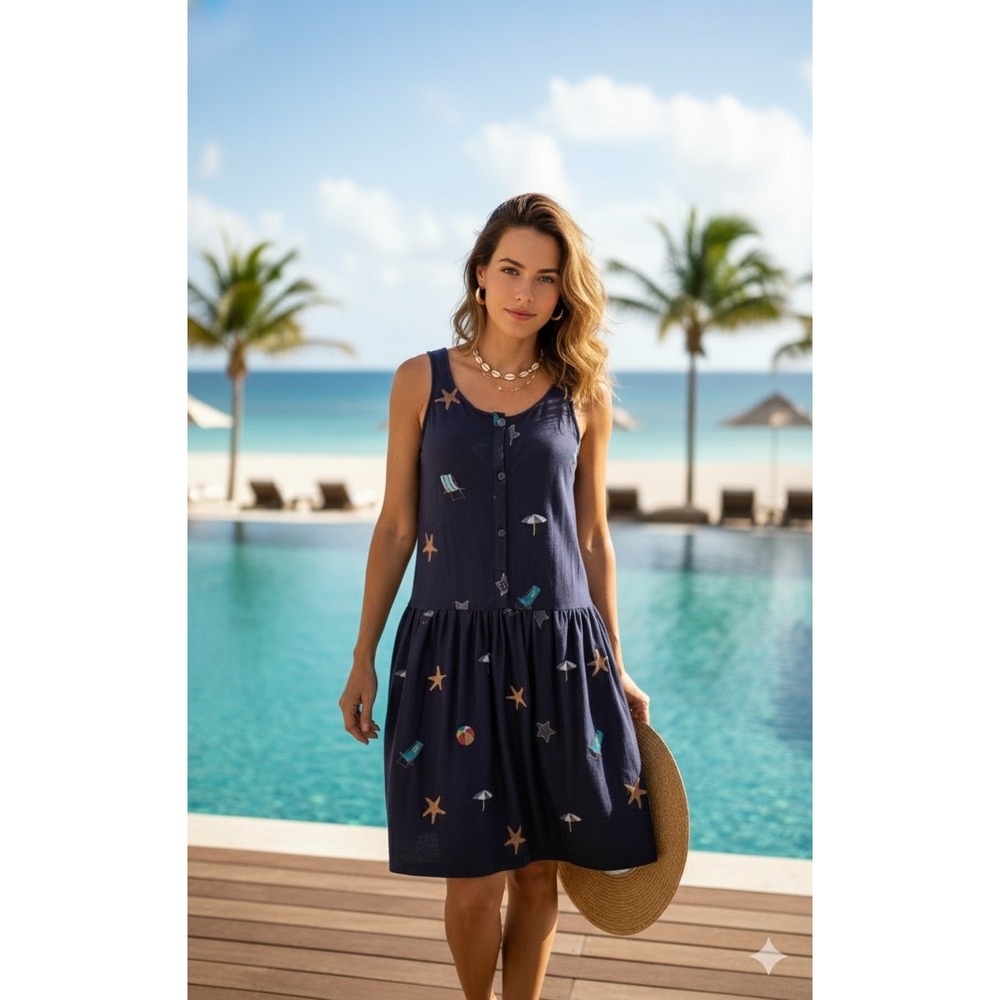 Pepaloves‎ XS Dress Embroidered Beach Whimsical Print Preppy Twee Coastal Cruise